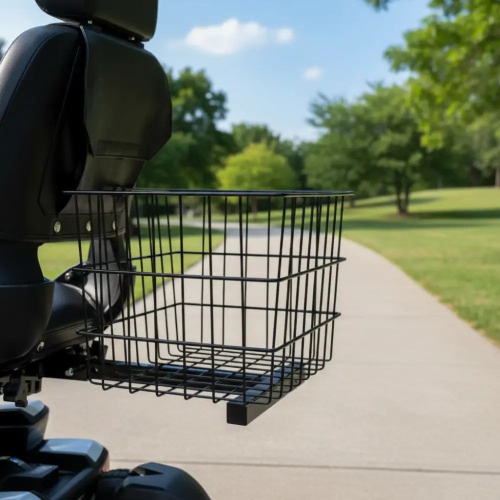 Bagkurv monteret bag på el-scooter i park