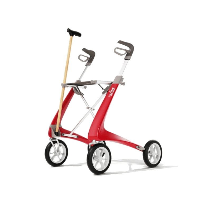 Stokkeholder monteret på rød Carbon Ultralight rollator – praktisk til stok